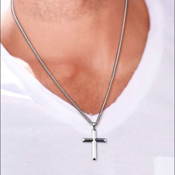 Solid Sterling Silver Cross, Cuban Chain Necklace - Picture 4 of 5